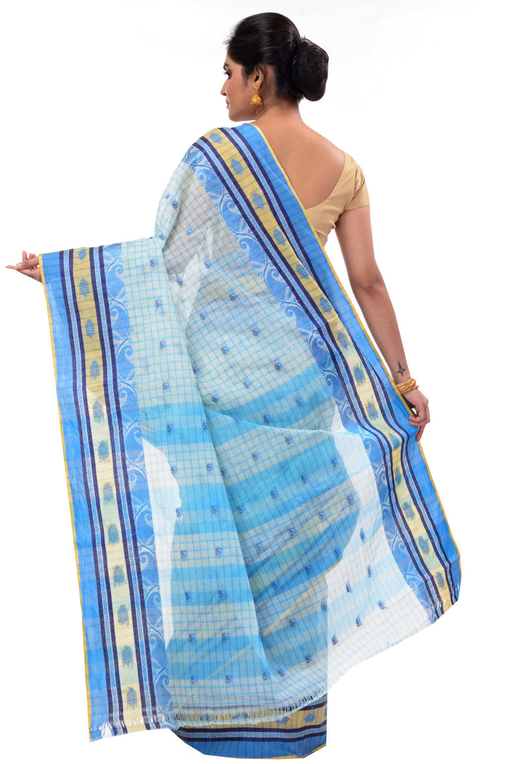 Off-White Pure Cotton ChakButi Tant Saree (128)